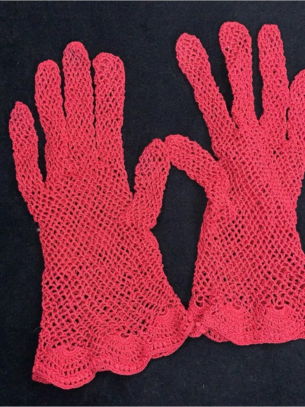 Vintage Coral Red Fishnet Crochet Lace Womens Gloves Pinup Retro Goth Glam